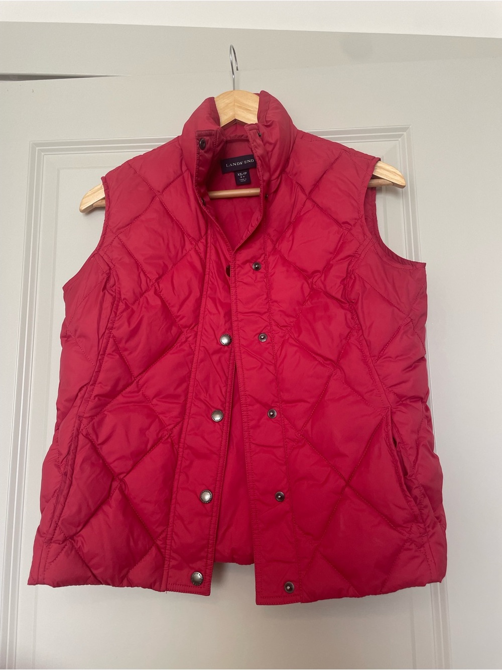 Lands' End Women's Quilted Red Puffer Vest with Snap Front